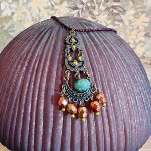 David Aubrey Turquoise & Garnet Beaded Ornate Victorian Delicate Necklace